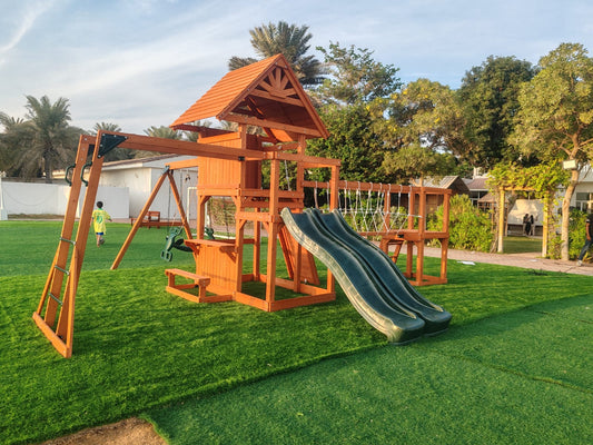 Mount Peak - Double Decker Everest Swing Set & Playhouse with Wooden Roof - Marah Kids