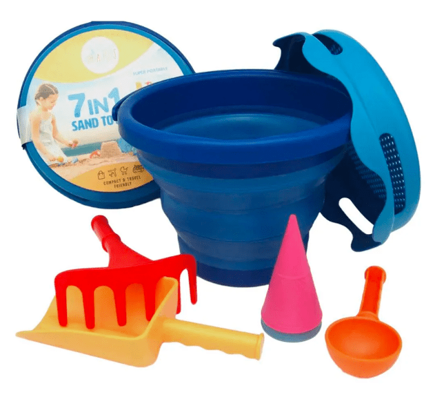 7 - in - 1 Beach Sand Toy Set for Kids – Shovel, Rake, Bucket & Molds Blue - Marah Kids