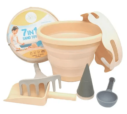 7 - in - 1 Beach Sand Toy Set for Kids – Shovel, Rake, Bucket & Molds Beige - Marah Kids