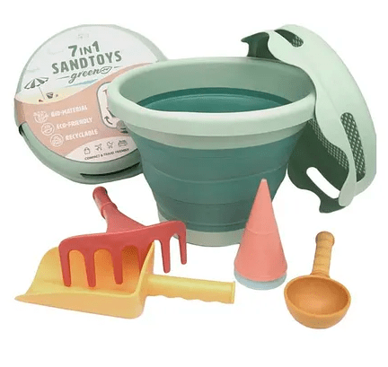 7 - in - 1 Beach Sand Toy Set for Kids – Shovel, Rake, Bucket & Molds Green - Marah Kids