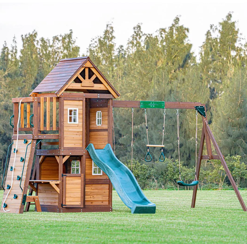 Mount Peak -Kazbek Swing Set & 2 level Play House with wooden roof