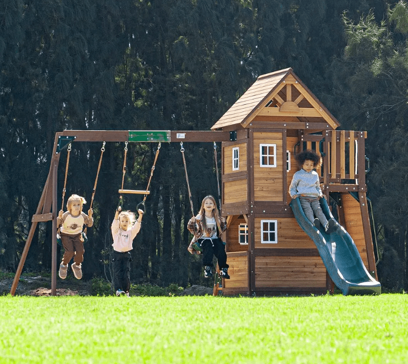 Mount Peak - Kazbek Swing Set & 2 level Play House with wooden roof - Marah Kids