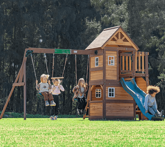 Mount Peak - Kazbek Swing Set & 2 level Play House with wooden roof - Marah Kids