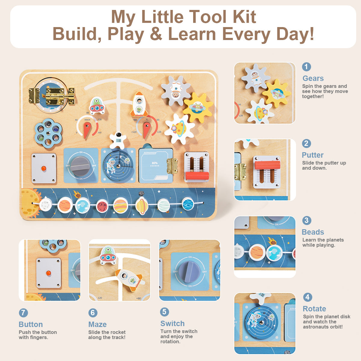 Tooky Toys Busy Board - Space wooden toy for toddlers - view 8 | Marah Kids
