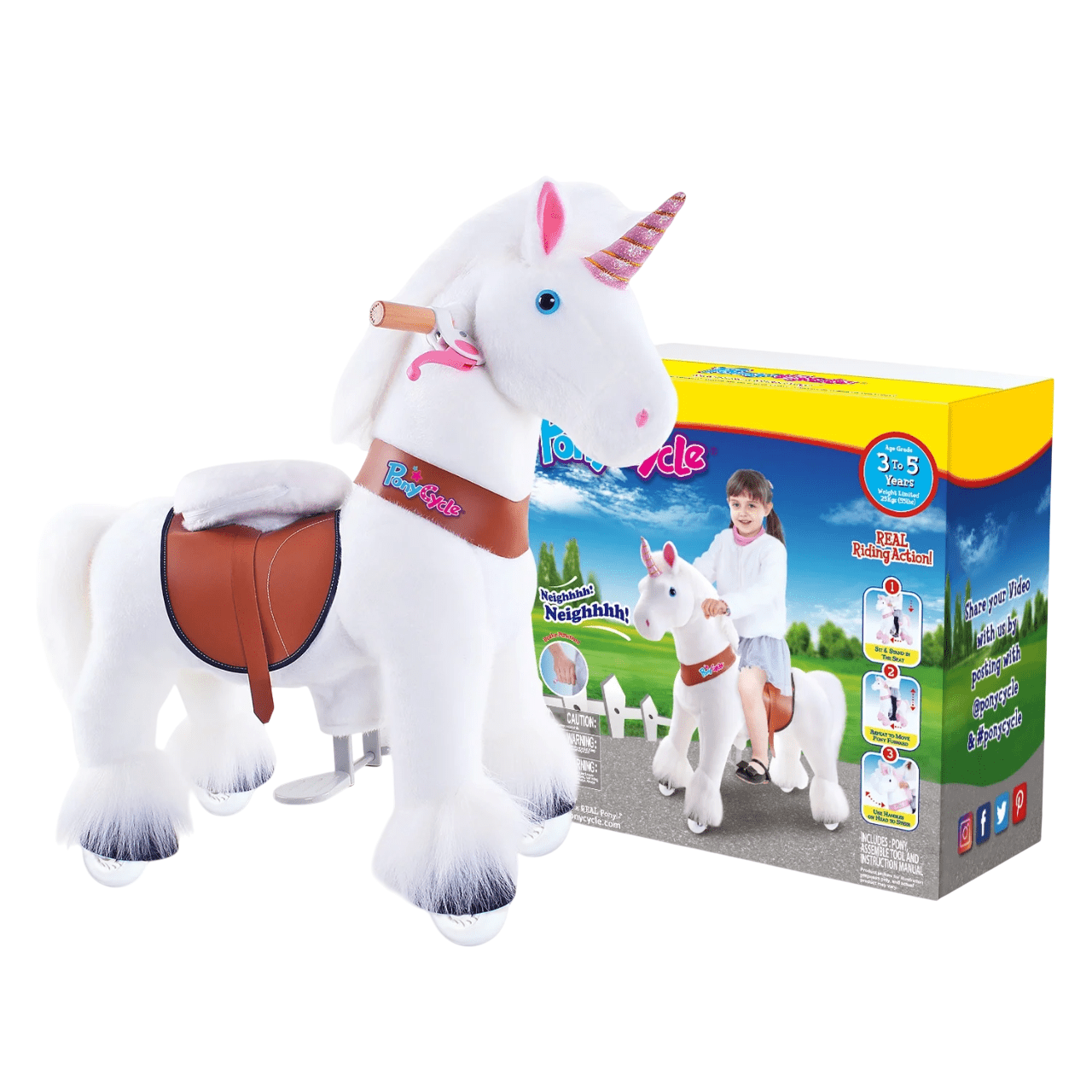 PonyCycle Ride on Horse Toy Boys and Girls Unicorn Age 3 - 5 old - White - Marah Kids