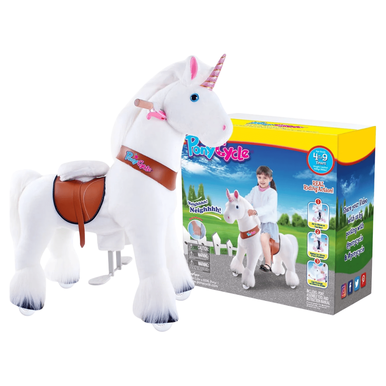PonyCycle Ride on Horse Toy Boys and Girls Unicorn Age 4 - 8 old - White - Marah Kids