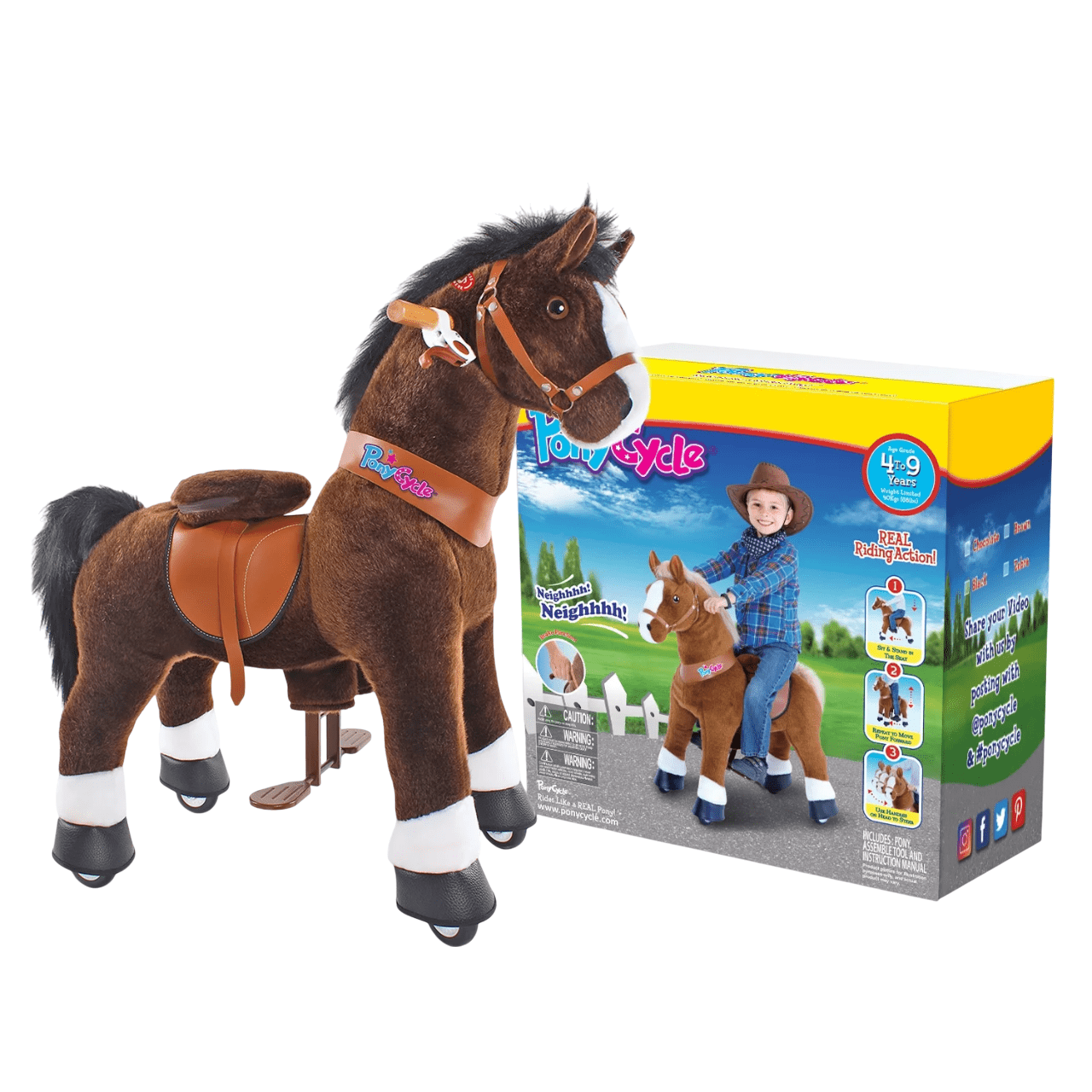 PonyCycle Ride on Horse Toy Boys and Girls Age 4 - 8 old - Chocolate Brown - Marah Kids