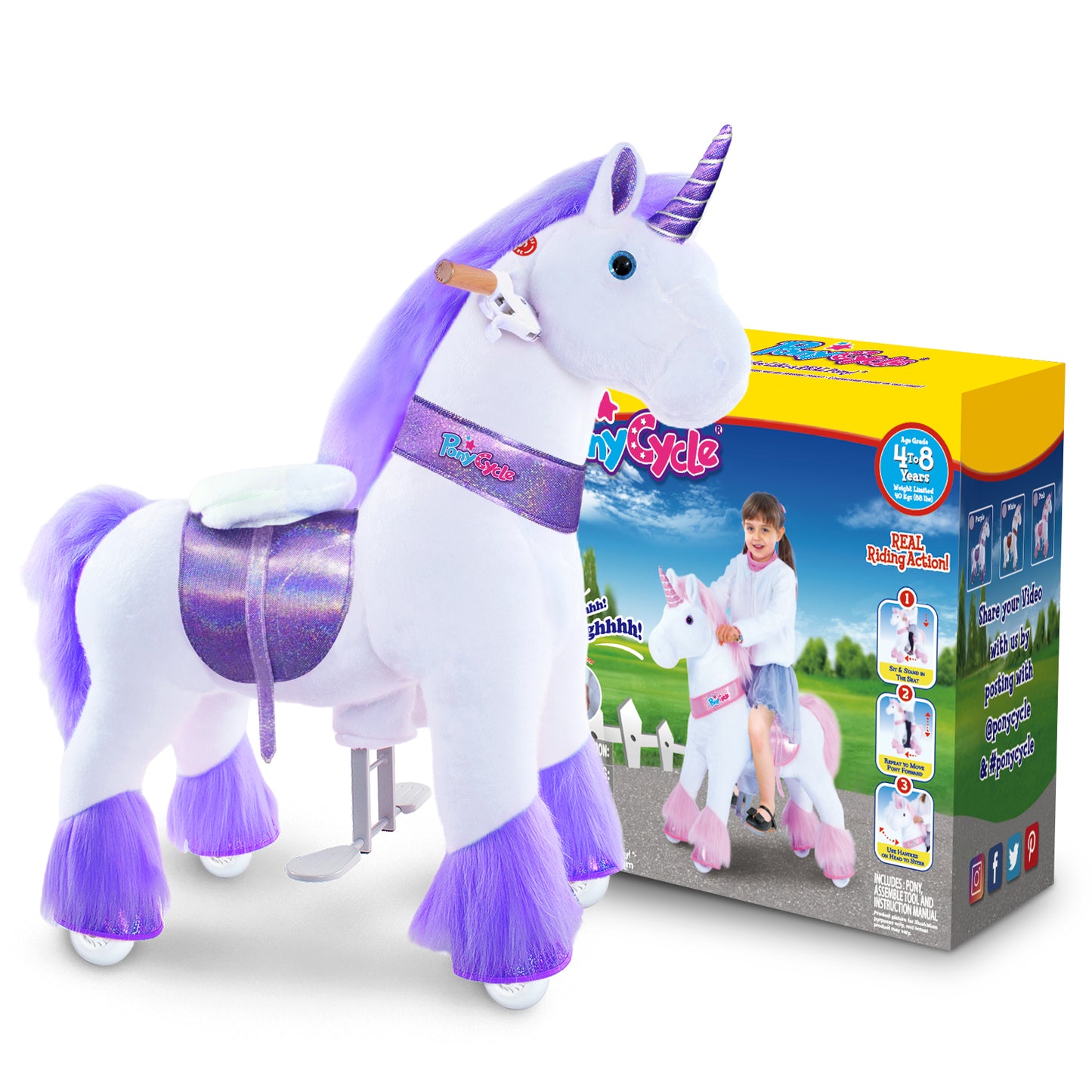 PonyCycle Ride on Horse Unicorn Boys and Girls Ages 4 - 8 Year - Purple - Marah Kids