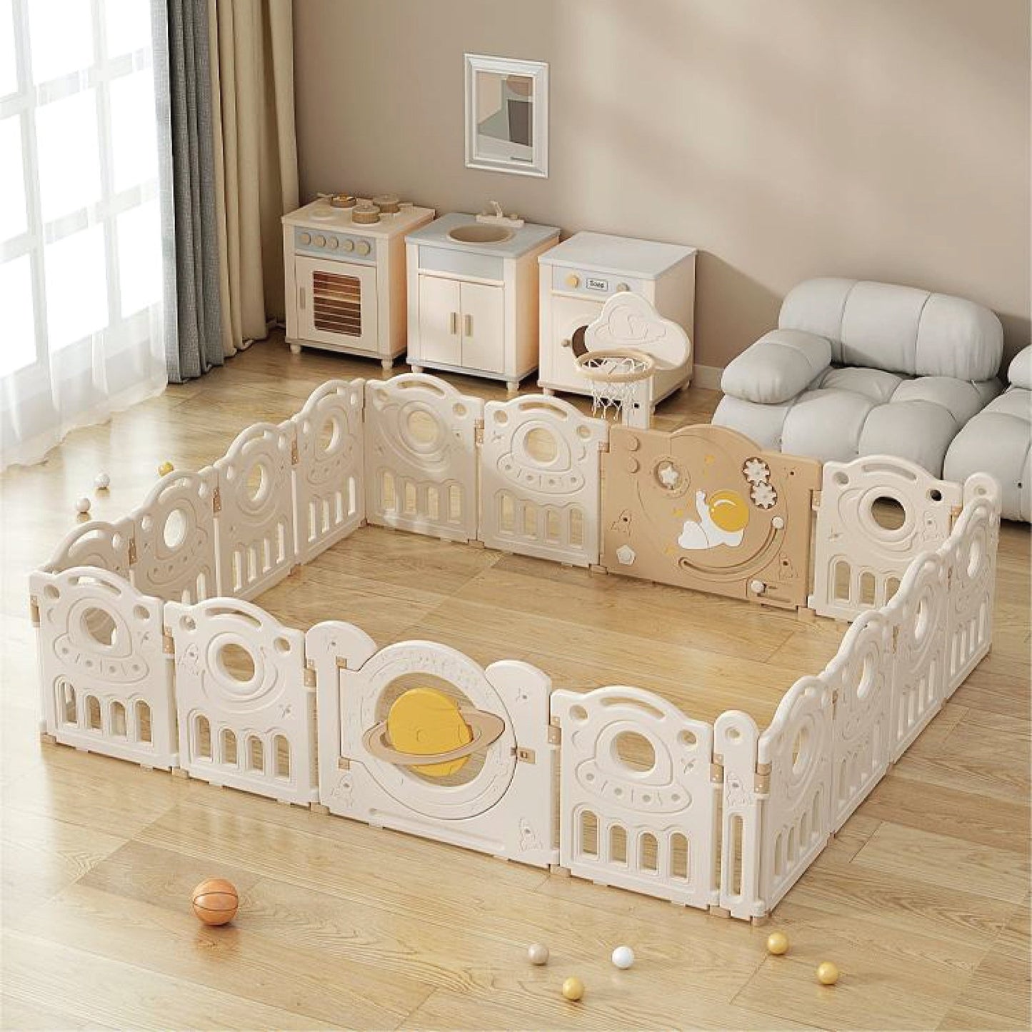Kids Space Playpen w/ Busyboard & Basketball Hoop - 18pcs - White - Marah Kids