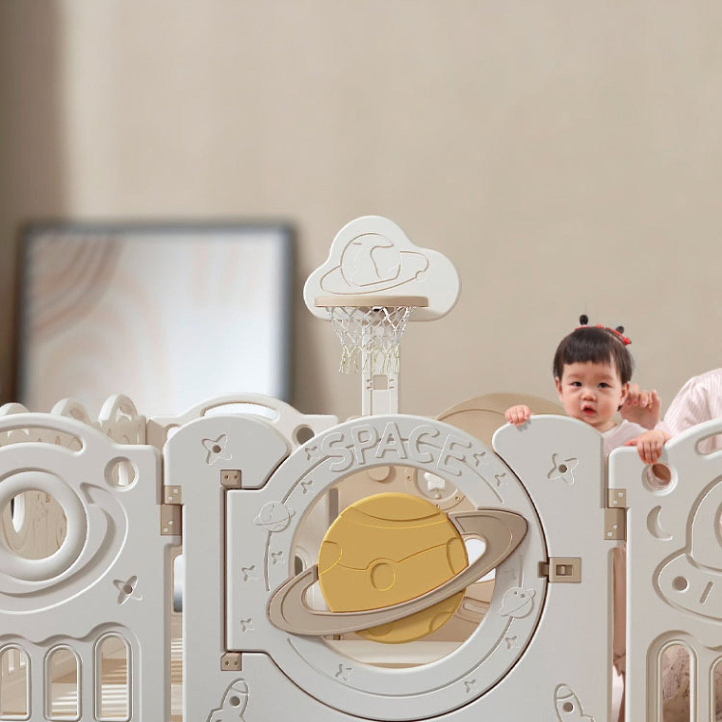 Kids Space Playpen w/ Busyboard & Basketball Hoop - 18pcs - White - Marah Kids