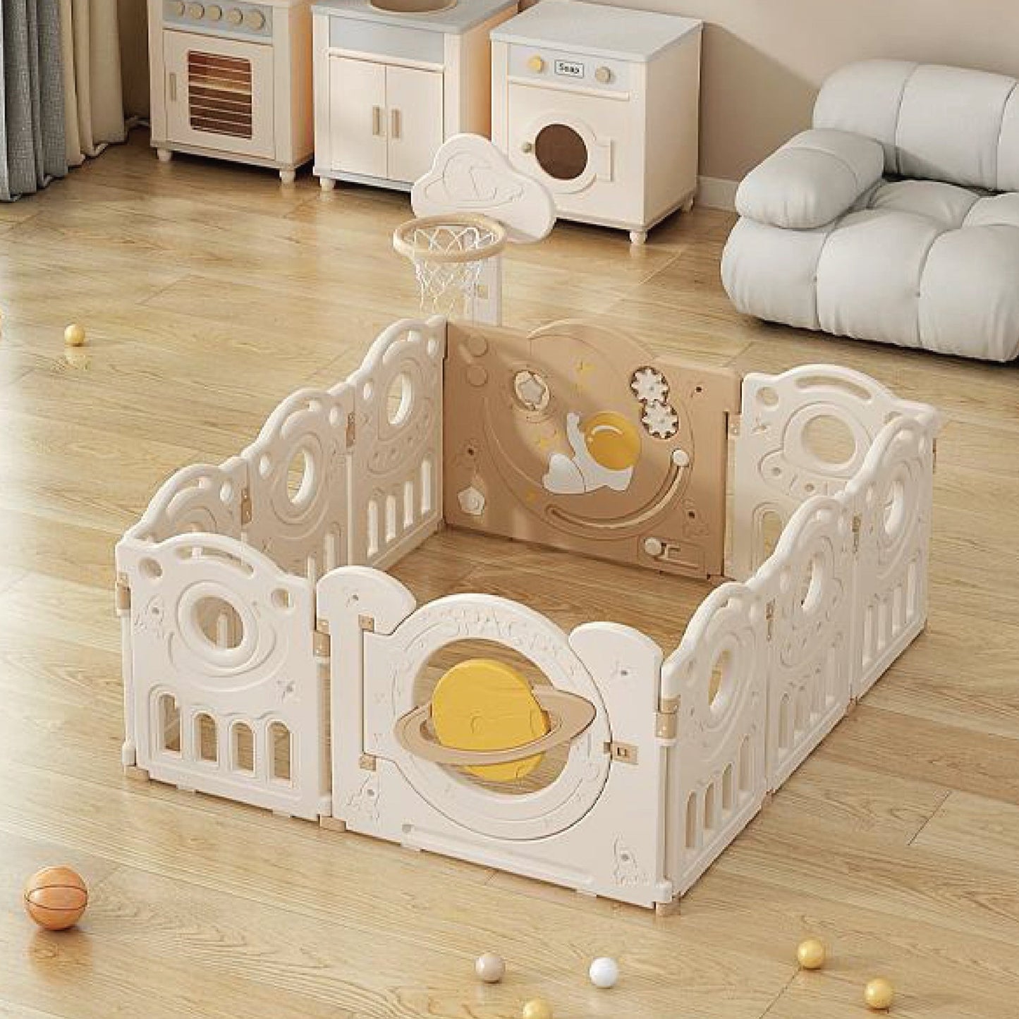 Kids Space Playpen w/ Busyboard & Basketball Hoop - 10pcs - White - Marah Kids
