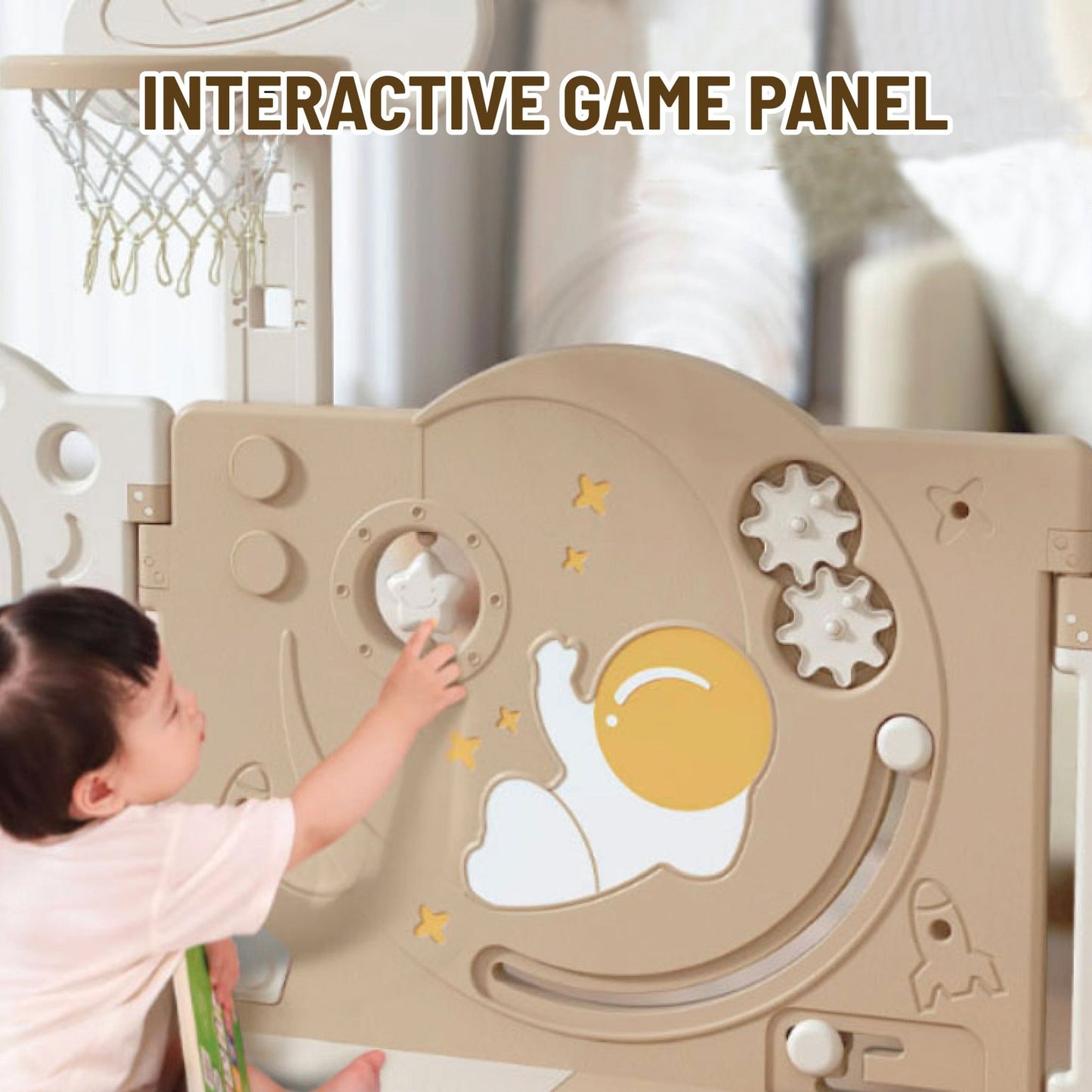 Kids Space Playpen w/ Busyboard & Basketball Hoop - 10pcs - White - Marah Kids