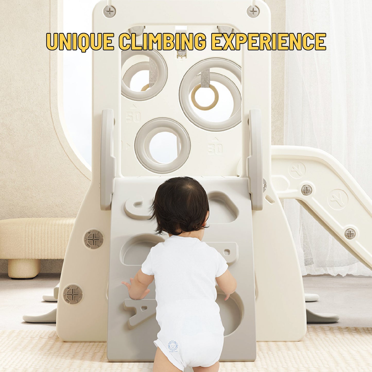 Slide w/ Climbing Wall & Basketball Hoop - White - Marah Kids