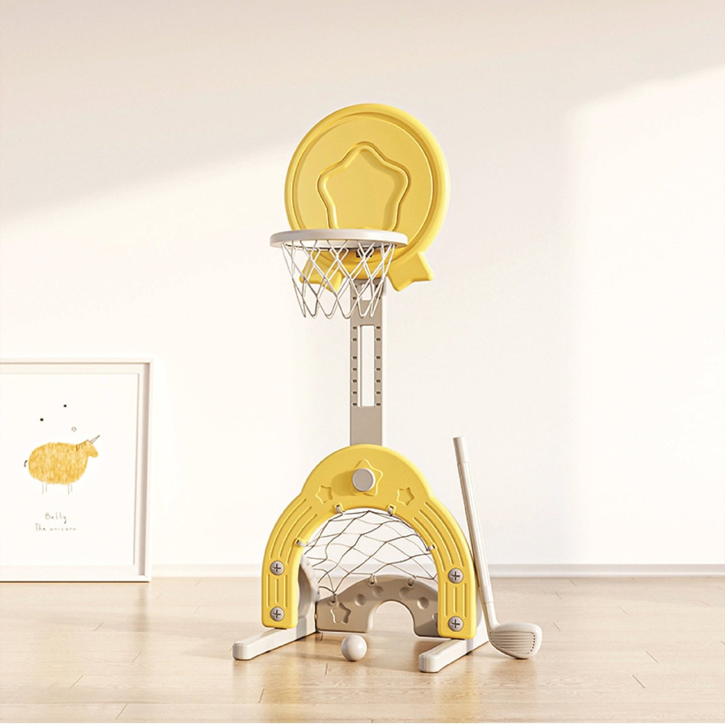 Basketball Stand W/ Football & Hockey Stick - Yellow - Marah Kids