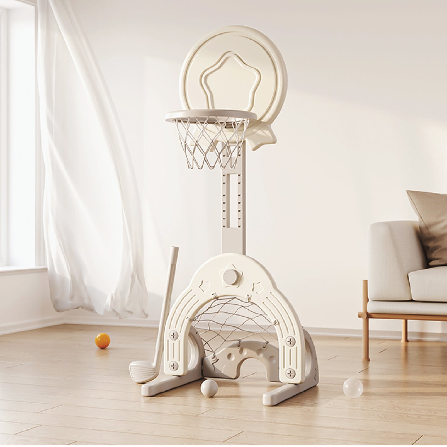 Basketball Stand W/ Football & Hockey Stick - White - Marah Kids