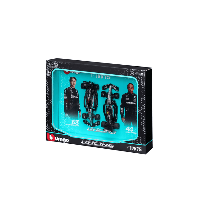 Bburago 1:43 Formula (without helmet & plastic stand - Mercedes-AMG Petronas F1 W15 Team (2024) 2-Pk. (Vertical)