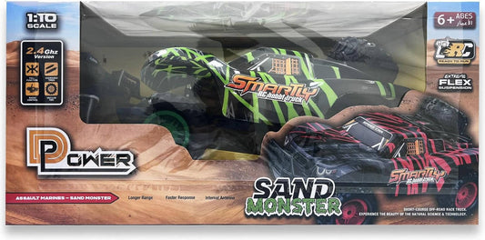 D - Power 1:10 R/C 2.4G Sand Monster Car with USB Cable Remote Controller – Green | Extreme Flex Suspension | Ages 6+ up - Marah Kids
