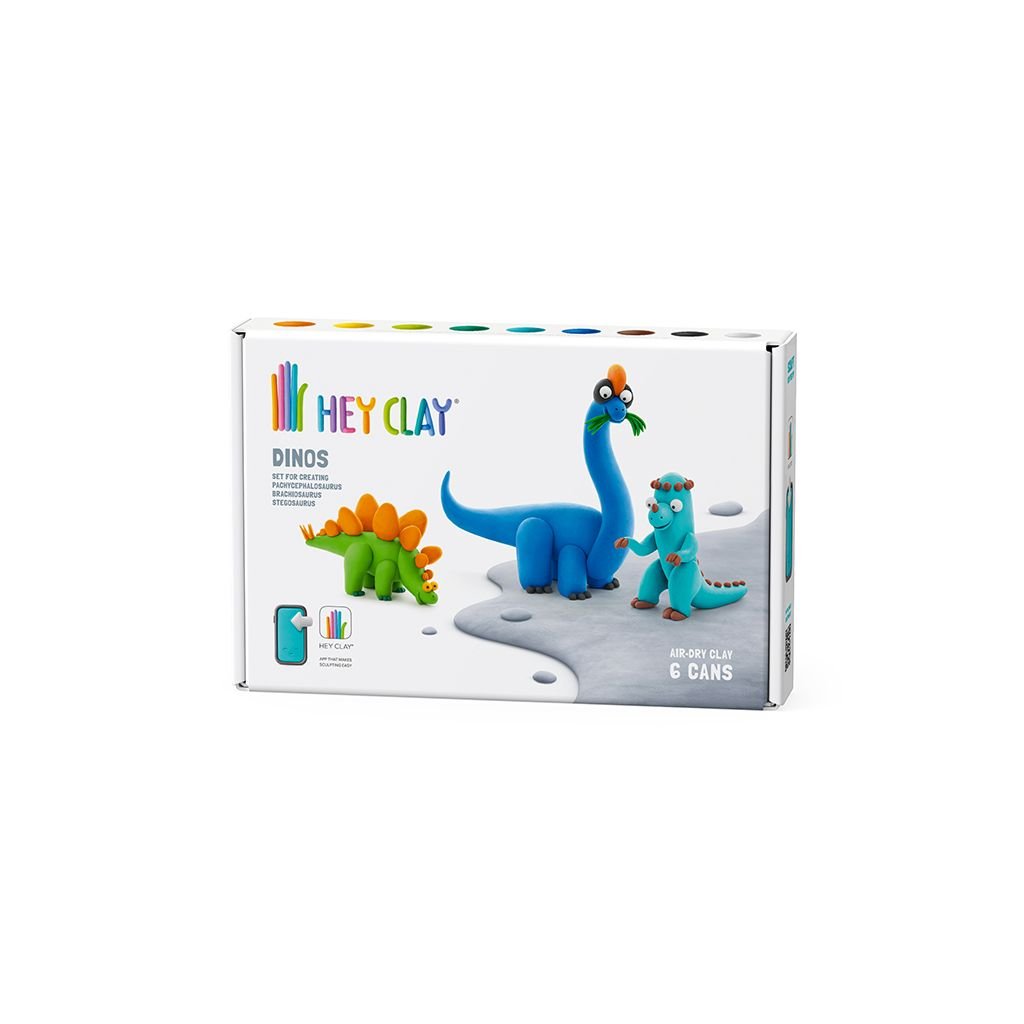 HEY CLAY - DIY Dinos: Stegosaurus, Pachycephalosaurus, Brachiosaurus Plastic Creative Modelling Air - Dry Clay For Kids 6 Cans - Marah Kids