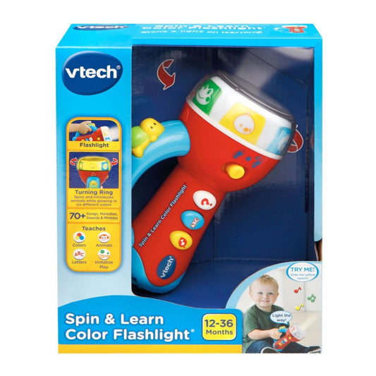 VTech Spin & Learn Color Flashlight Toy with Light - Up Colors, Music & Animal Sounds for Babies - Marah Kids
