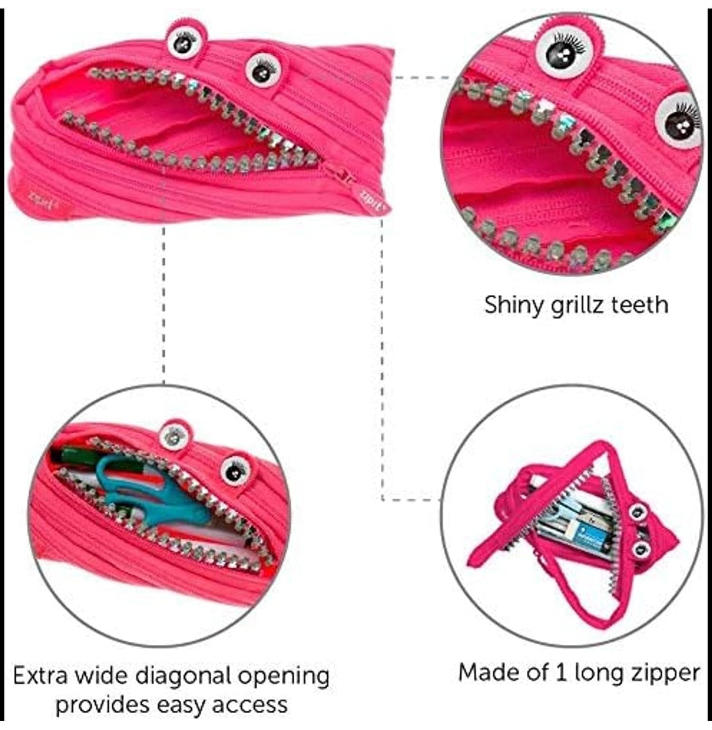 ZIPIT - Monster Pencil Case for Girls, Holds Up to 30 Pens, Machine Washable, Made of One Long Zipper! (Pink) - Marah Kids