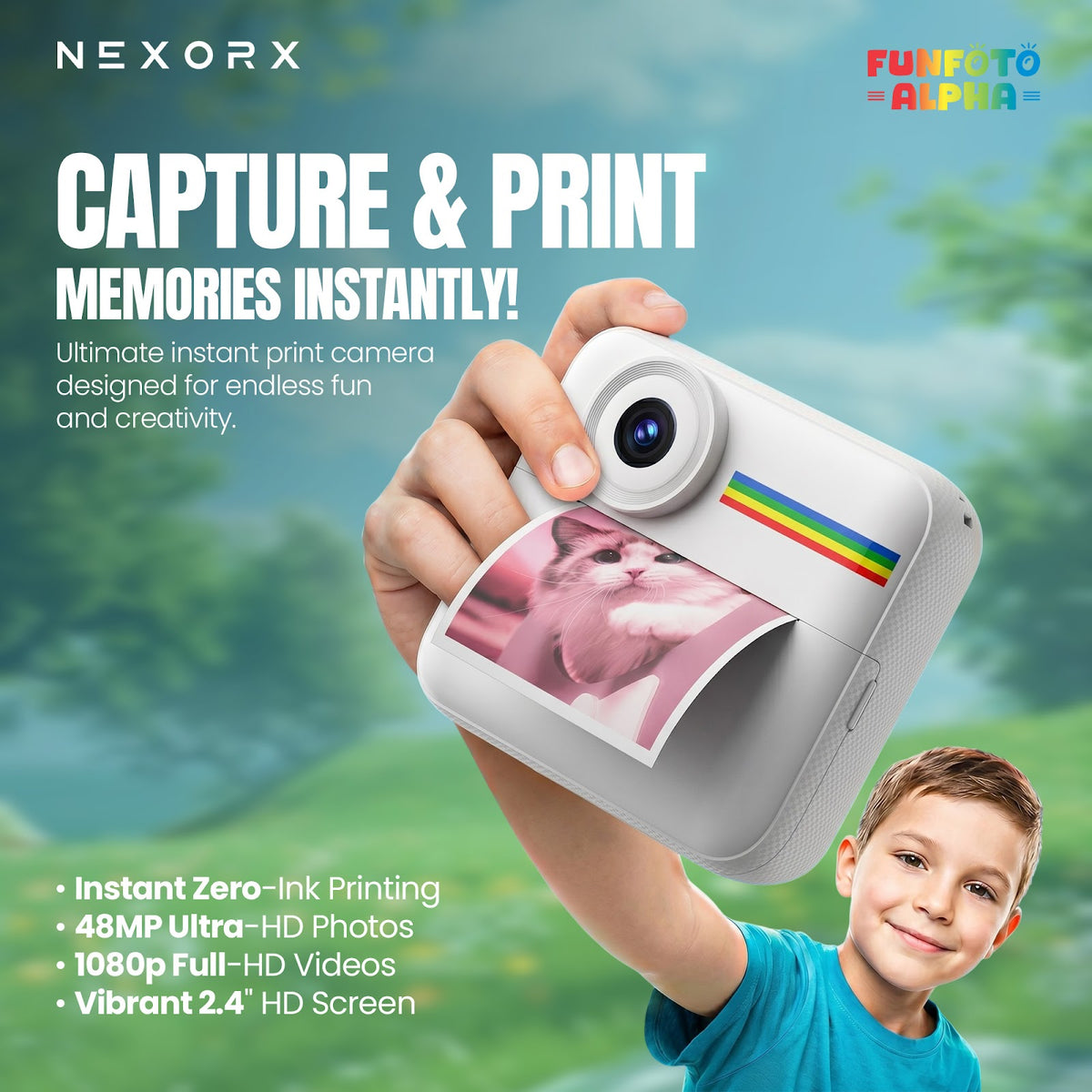 NEXORX FunFoto Alpha Instant Print Kids Camera, 2.4" HD Screen, 1080P Video, Rechargeable Battery, Colo - image 2