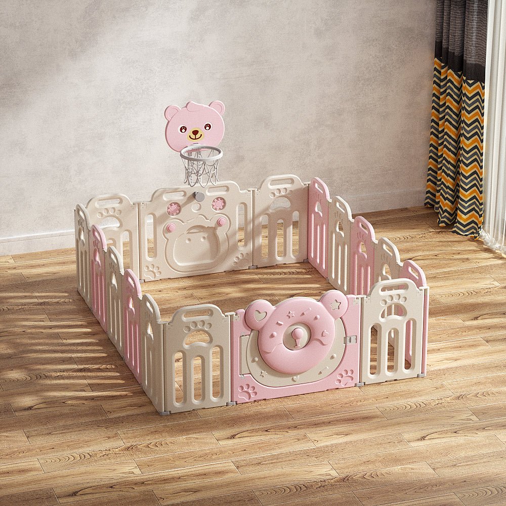 Kids Bear Playpen Pink - w/ Basketball Hoop - 16 pcs - Marah Kids
