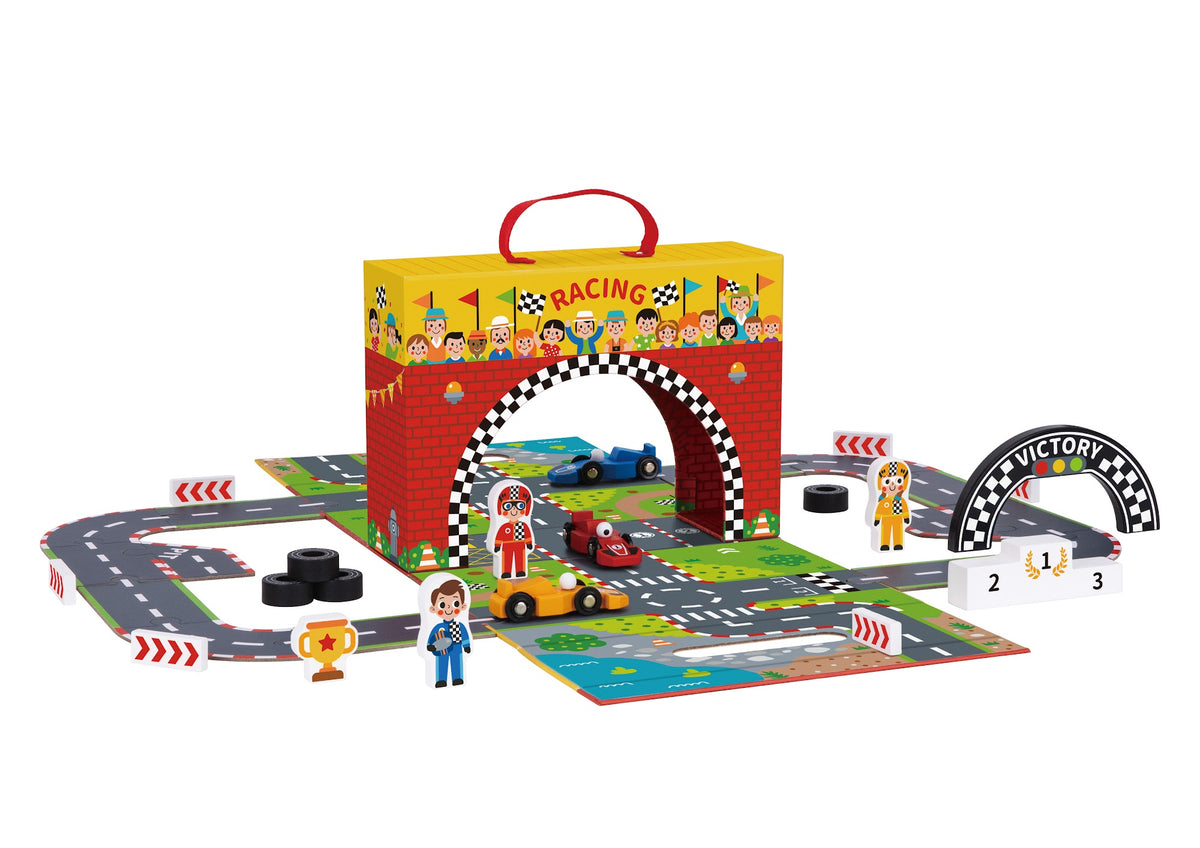Tooky Toys Racing Play Box wooden toy vehicle set for ages 3+ | Marah Kids UAE