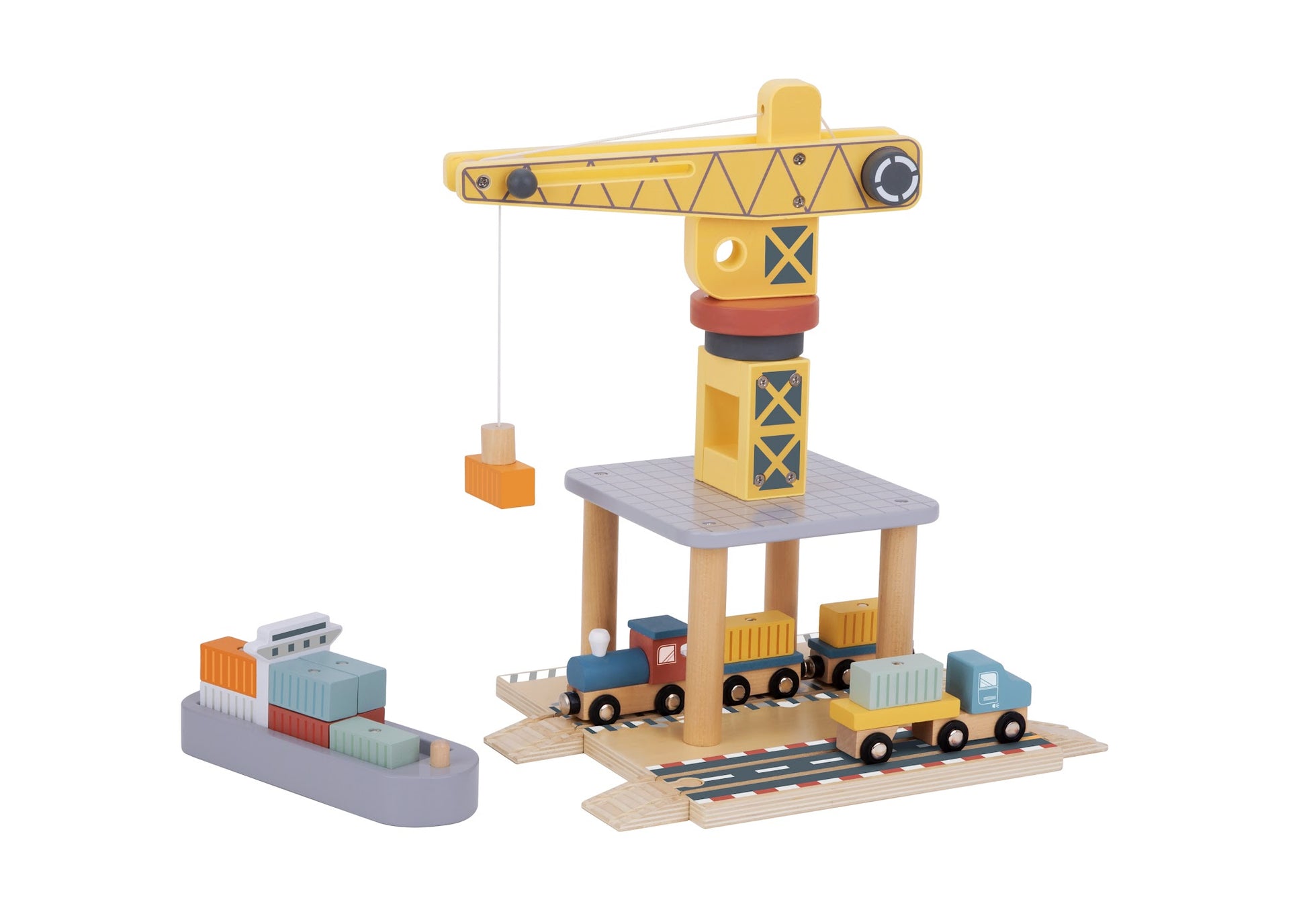 Tooky Toys Port Crane Set wooden toy vehicle set for ages 3+ | Marah Kids UAE