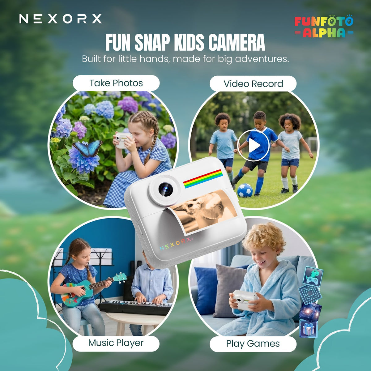 NEXORX FunFoto Alpha Instant Print Kids Camera, 2.4" HD Screen, 1080P Video, Rechargeable Battery, Colo - image 3