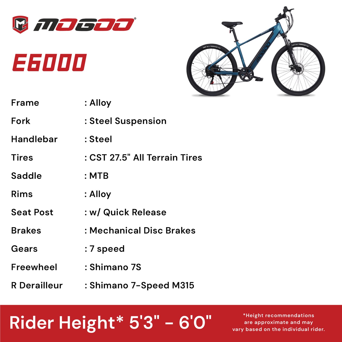Mogoo - E6000 2.0 26" E-Mountain Bike - Blue