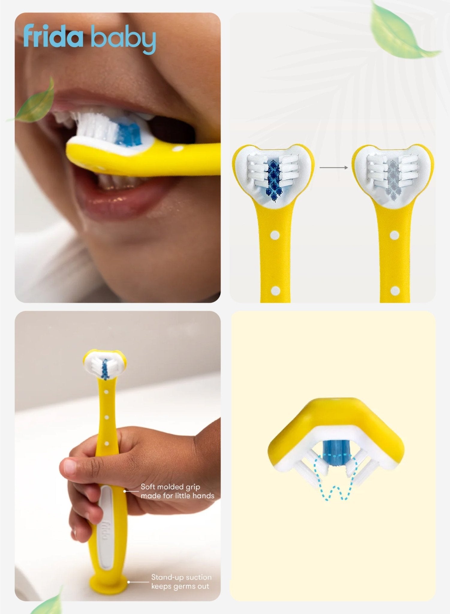 Frida Baby Triple - Angle Tooth hugger Training Toothbrush for Toddlers – 3 - Sided Soft Bristles, Easy Grip, Suction Base, Blue Bristle Fade Indicator - Marah Kids