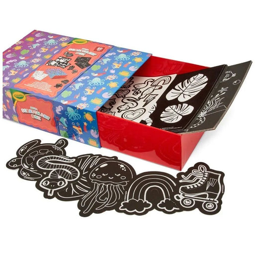 Crayola Scratch & Colour Bumper Box | Activities to have fun with your little ones will be love creating with felt tip markers | It comes off, 20 pieces, 6 shapes, 1 scraper, 6 A4 velvet sheets, 2 color your own stickers, 6 A4 scratch sheets | Ages 3+ - Marah Kids