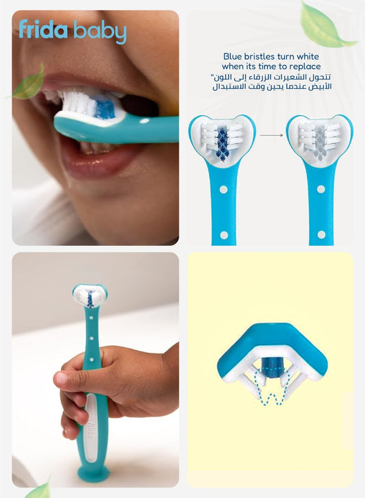 Frida Baby Triple - Angle Tooth hugger Training Toothbrush – Toddler Oral Care, Soft Bristles, 3 - Sided Cleaning, Easy Grip, Suction Base, Blue Bristles Fade for Replacement Reminder - Marah Kids