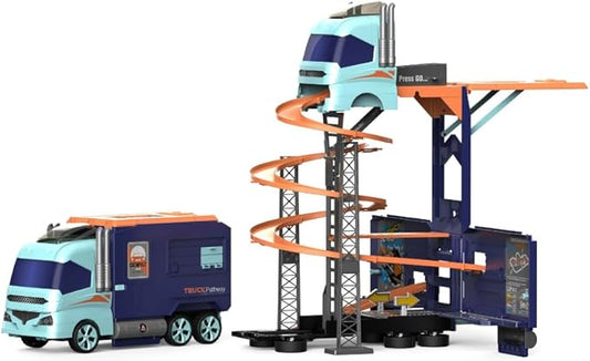 D - Power – Super Transformer Construction Truck | 2in1 - Truck & Track Set, 6 Cars and Sign Boards included, 3+ yrs | Blue - Marah Kids