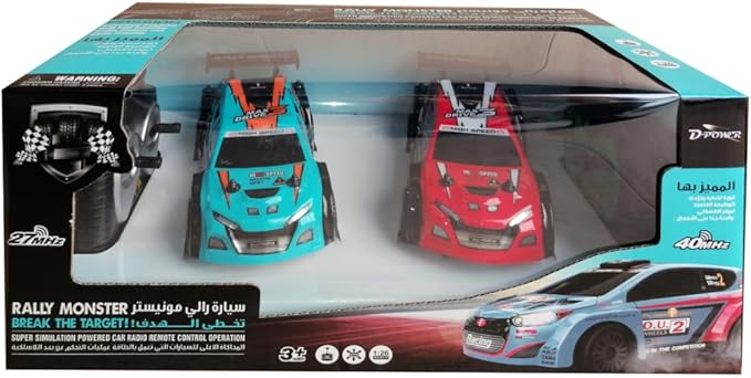 D Power – Rally Monster (Twin Pack) | RTR, 2 Radio Remote Control Car for Kids | 1:26 Scale, Dual Frequency Radio Channel, All Way Movement RC Car | Blue / Red Asst. - Marah Kids