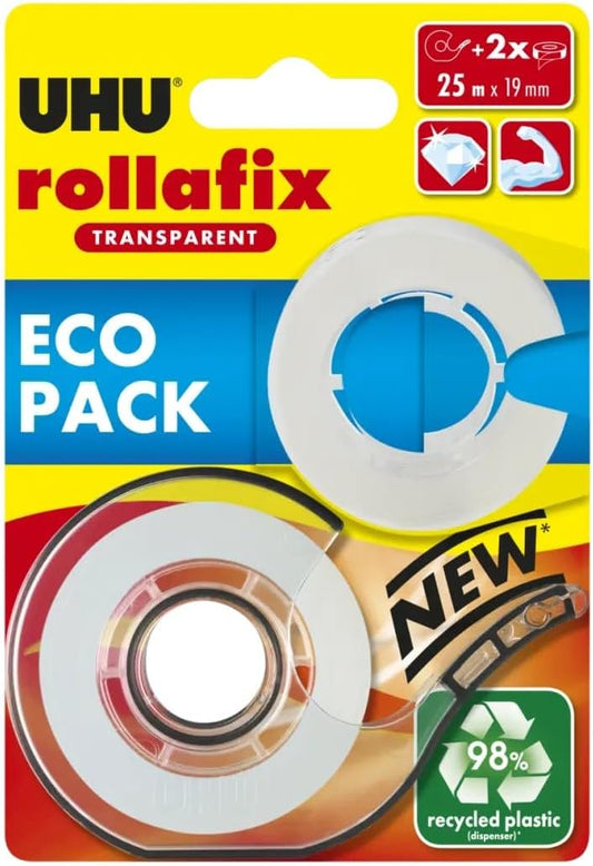 Uhu Eco Rollafix Transparent Tape 25M With Dispenser + 25M Refill