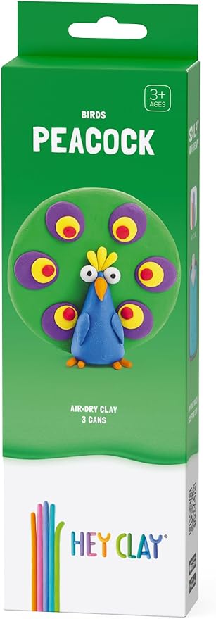 HEY CLAY – DIY Peacock Plastic Creative Modelling Air - Dry Clay For Kids 3 Cans - Marah Kids