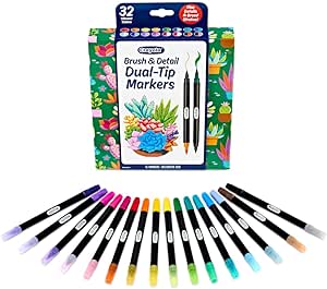 Crayola Brush & Detail Dual-Ended Markers, 16 Count – Blendable Art Markers With Brush And Fine Tips For Drawing, Lettering & Coloring