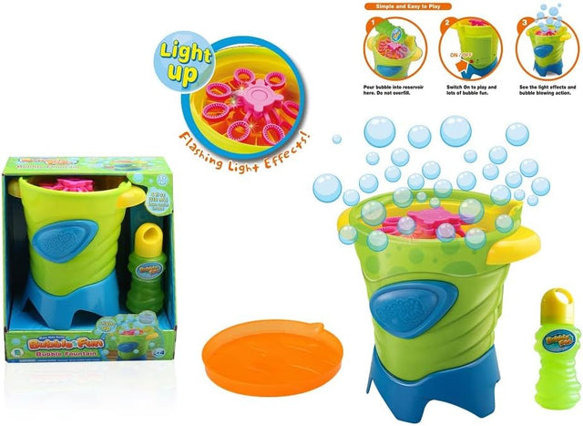 Power Joy Bubble Fun Bubble Fountain Lights Up With 4Oz Bubble Solution, Battery Operated