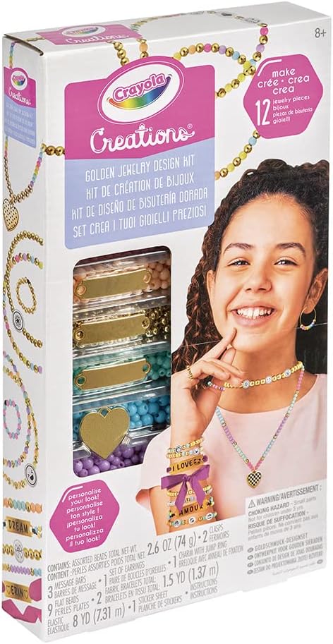 Crayola - Creations Golden Jewelry Set | Creative DIY Kit for Girls Ages 8 and Up - Design and Personalize Bracelets, Necklaces, and Earrings | Easy and Fun Crafting - Charms, Adhesive Letters, and Symbols for Personalization, 8+ - Marah Kids