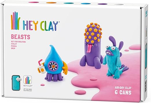 HEY CLAY - DIY Beasts: Yollo, Violet, Fishka Plastic Creative Modelling Air - Dry Clay For Kids 6 Cans - Marah Kids