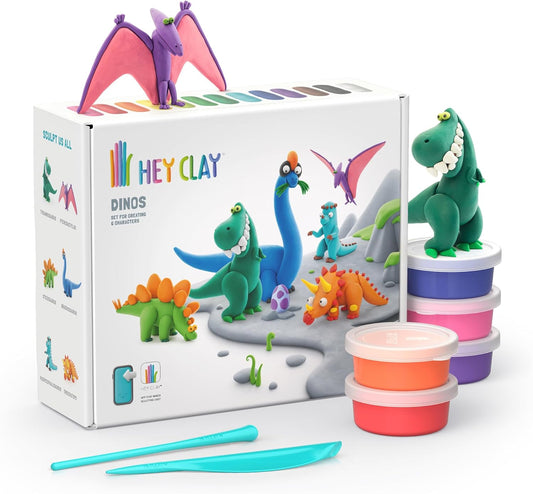 HEY CLAY - Dinos Set - Colourful Modeling Kids - Air Dry Clay Kit 15 cans and Sculpting Tools with Fun Interactive Instructions App, Multicoloured - Marah Kids