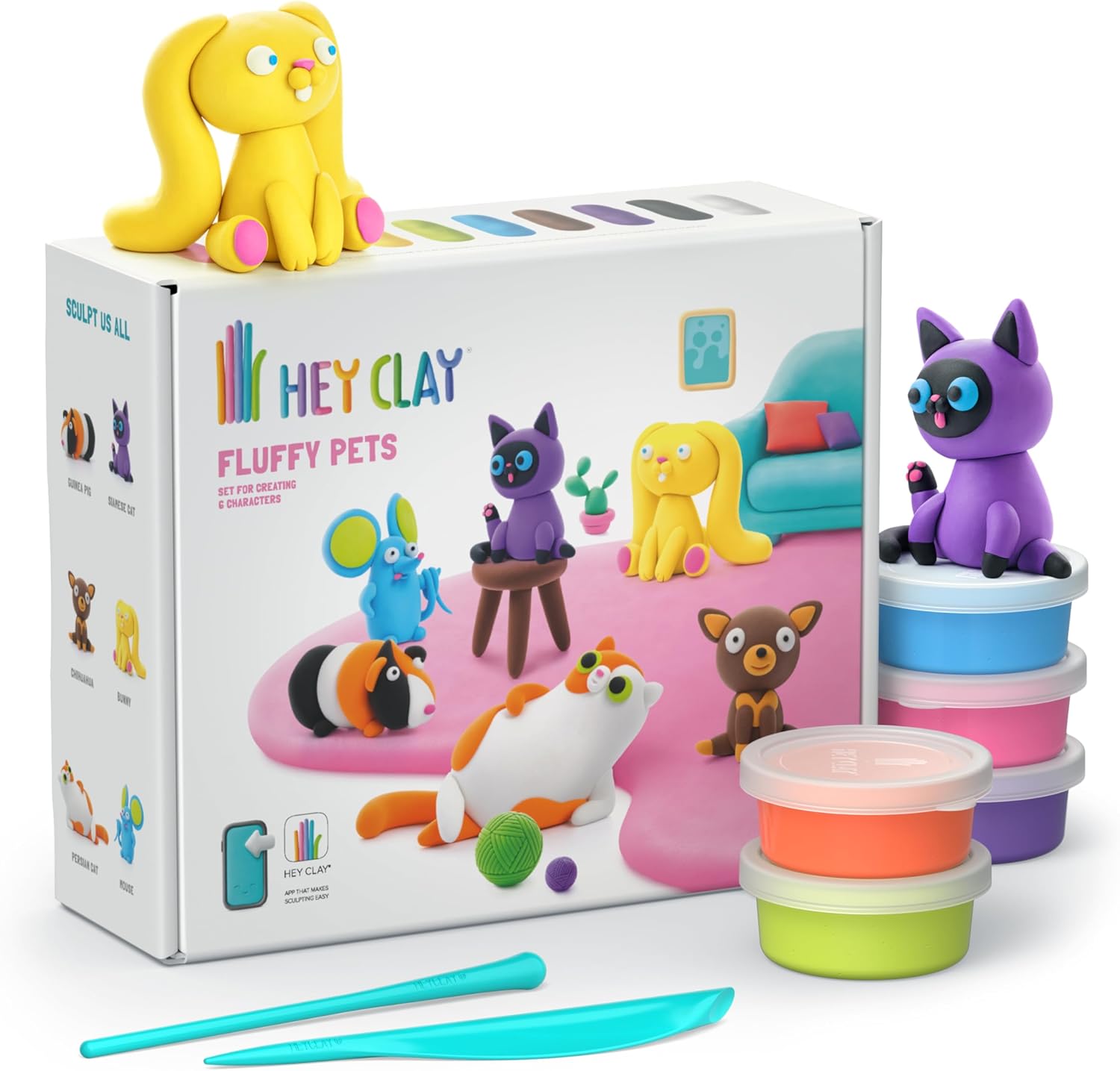 Hey Clay - FLUFFY PETS Colourful modelling air - dry clay, 15 cans with fun interactive app for kids 3 years + - Marah Kids