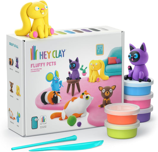 Hey Clay - FLUFFY PETS Colourful modelling air - dry clay, 15 cans with fun interactive app for kids 3 years + - Marah Kids
