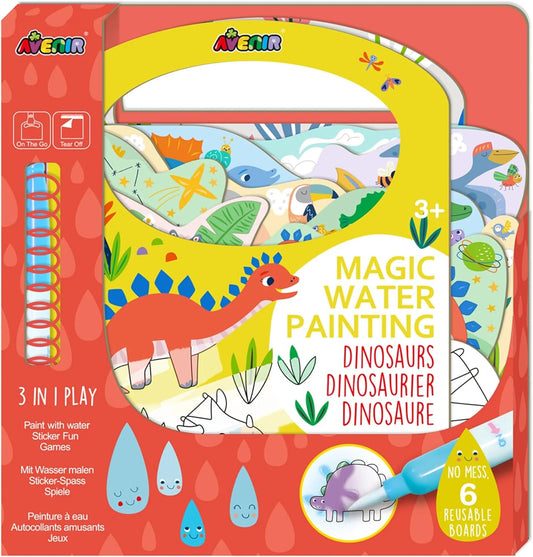 Avenir Magic Water Painting – Dinosaur | 6 Reusable Coloring Surfaces, 2 Sheets of Repositionable Stickers, and Refillable Water Pen, Easy to Carry | Kids 3+ - Marah Kids