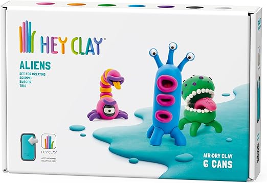 HEY CLAY - DIY Aliens: Burger, Trio, Scorpio Plastic Creative Modelling Air - Dry Clay For Kids 6 Cans - Marah Kids