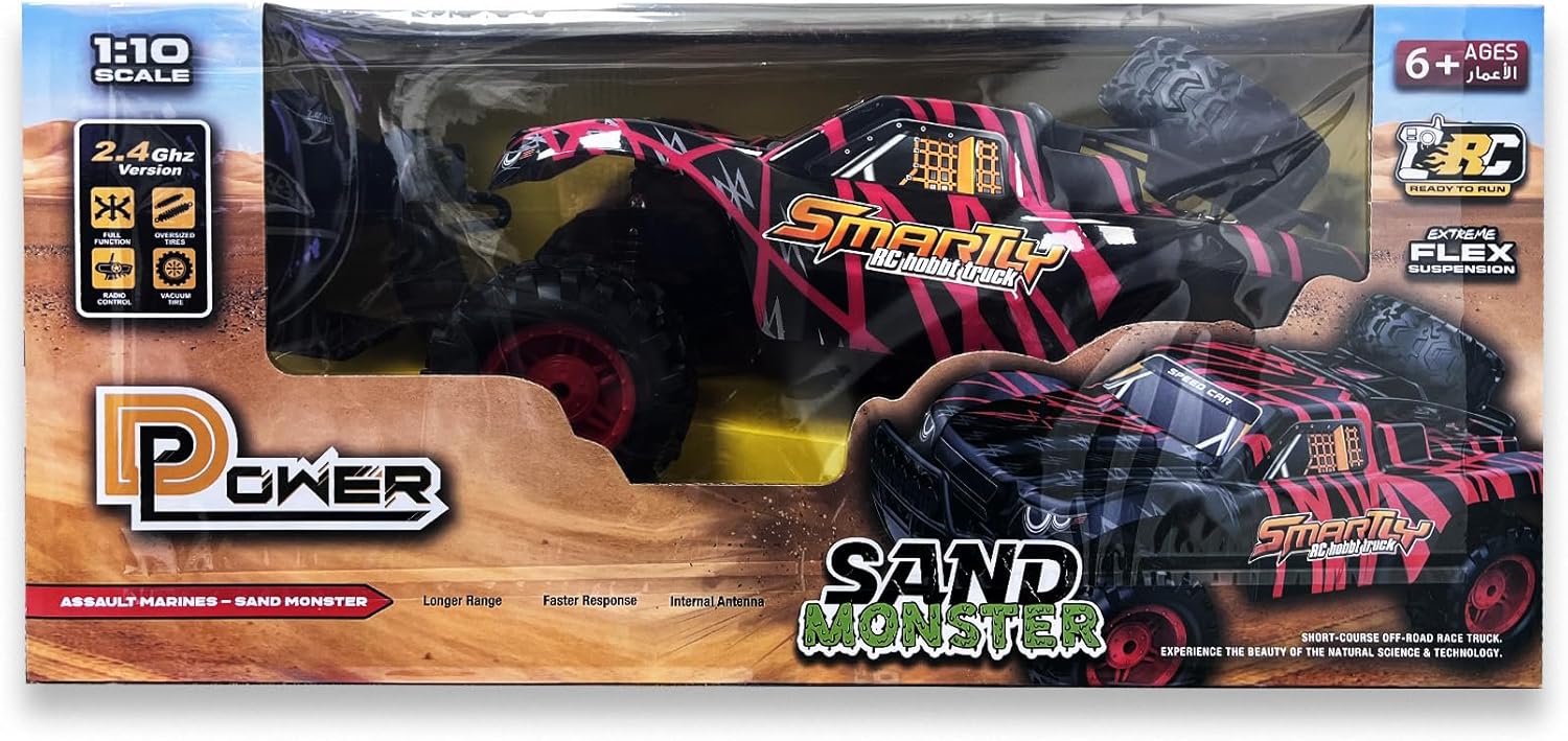 D - Power 1:10 R/C 2.4G Sand Monster Car with USB Cable Remote Controller – Red | Extreme Flex Suspension | Ages 6+ up - Marah Kids