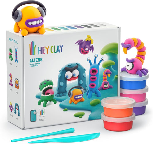 HEY CLAY - Aliens Set - Colourful Modeling Kids - Air Dry Clay Kit 15 cans and Sculpting Tools with Fun Interactive Instructions App, Multicoloured - Marah Kids