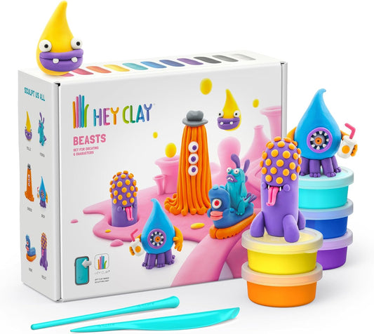 HEY CLAY - Beasts Set - Colourful Modeling Kids - Air Dry Clay Kit 15 cans and Sculpting Tools with Fun Interactive Instructions App, Multicoloured - Marah Kids