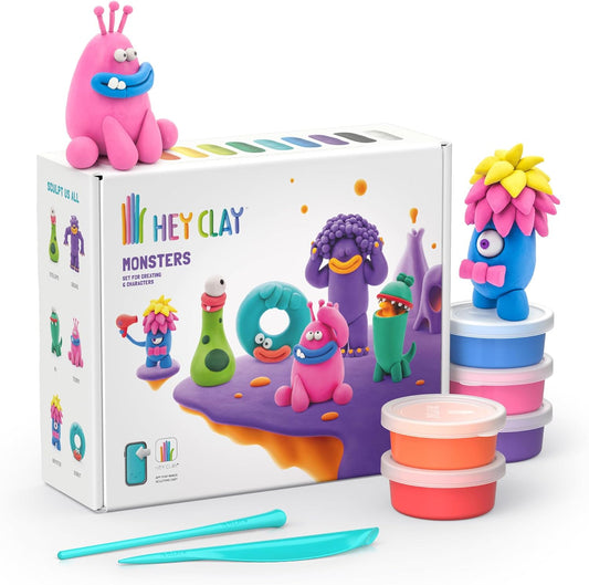 HEY CLAY - Monsters Set - Colourful Modeling Kids - Air Dry Clay Kit 15 cans and Sculpting Tools with Fun Interactive Instructions App, Multicoloured - Marah Kids